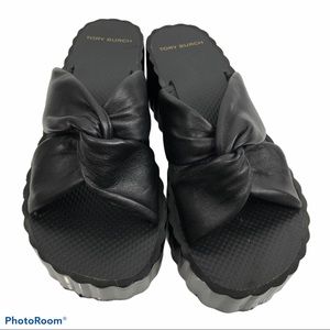 Tory Burch black leather, knotted wedge platform sandals. Size 10